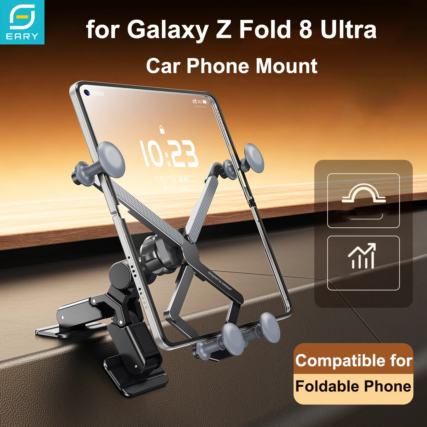 Eary for Z Fold 8 Ultra 7 6 5 Car Mount Dashboard Gravity Clamp Phone Holder with Arch Bridge Base 360°Stand for iPhone Samsung