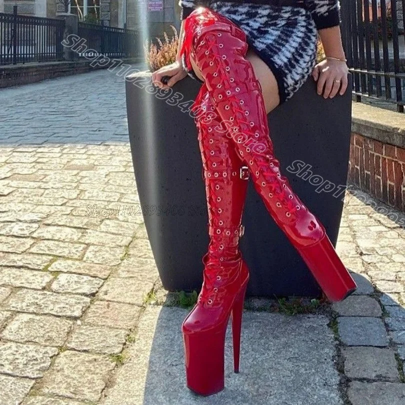Red Platform Patent Leather Boots Solid Stiletto Lace up Round Toe Performance Women Dancing Over Knee Boots Zapatos Para Mujere