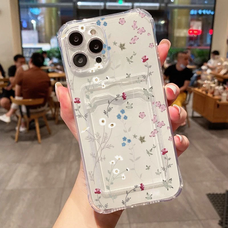 Floral Pattern Card Hold Phone Case For Samsung S24 S23 S22 S21 S20 FE Plus Ultra M33 M53 M54 5G Anti-fall Clear Cover