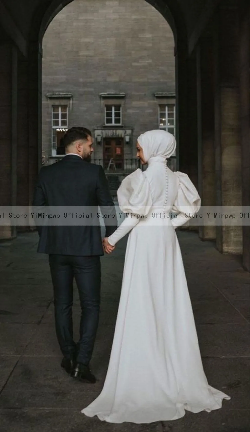 Vintage Muslim Wedding Dresses for Bride High Neck Gigot Sleeve Sweep Train Simple Bridal Gown Customized vestidos de novia