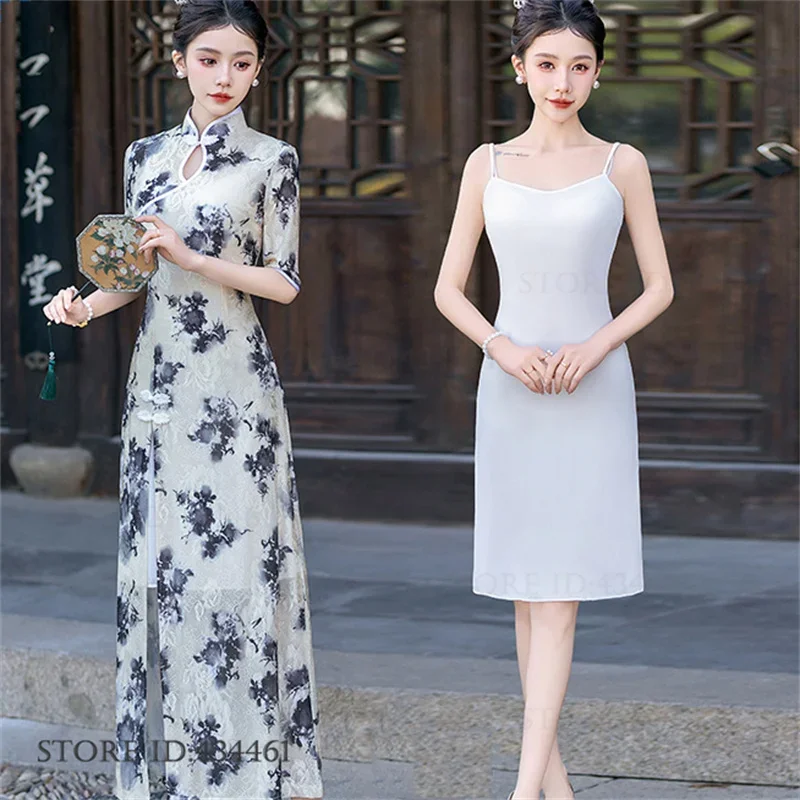 Sexy Print Flower Chinese Dress Plus Size Female Aodai Qipao Traditional Long Cheongsam Folk Dance Stage Performances Costume