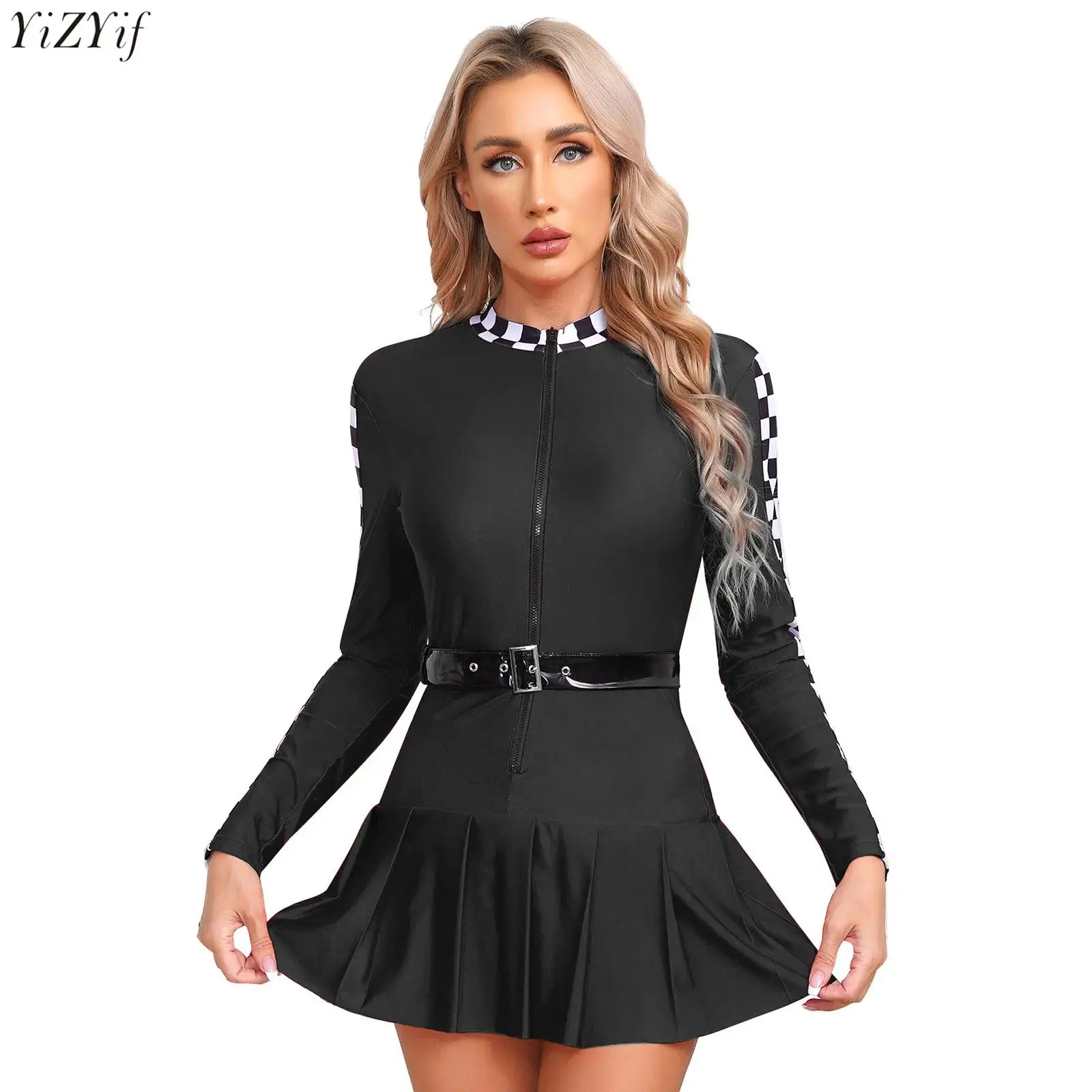 

Womens Checkerboard Racer Dress Halloween Cosplay Party Clubwear Long Sleeve Zipper Pleated Skirt Racing Driver Dress with Belt