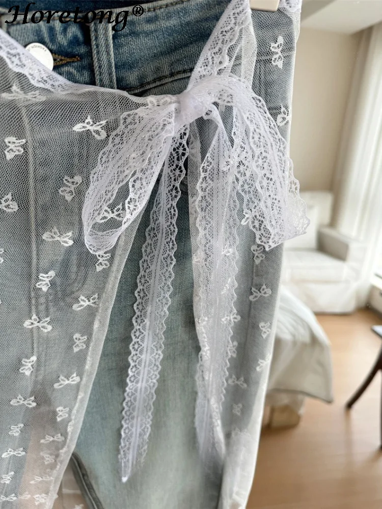 Horetong-Dentelle brodée florale coréenne, superposition, porter une pièce, jupe demi-corps en gaze, rideau bout à bout à l\'intérieur, 1 pièce