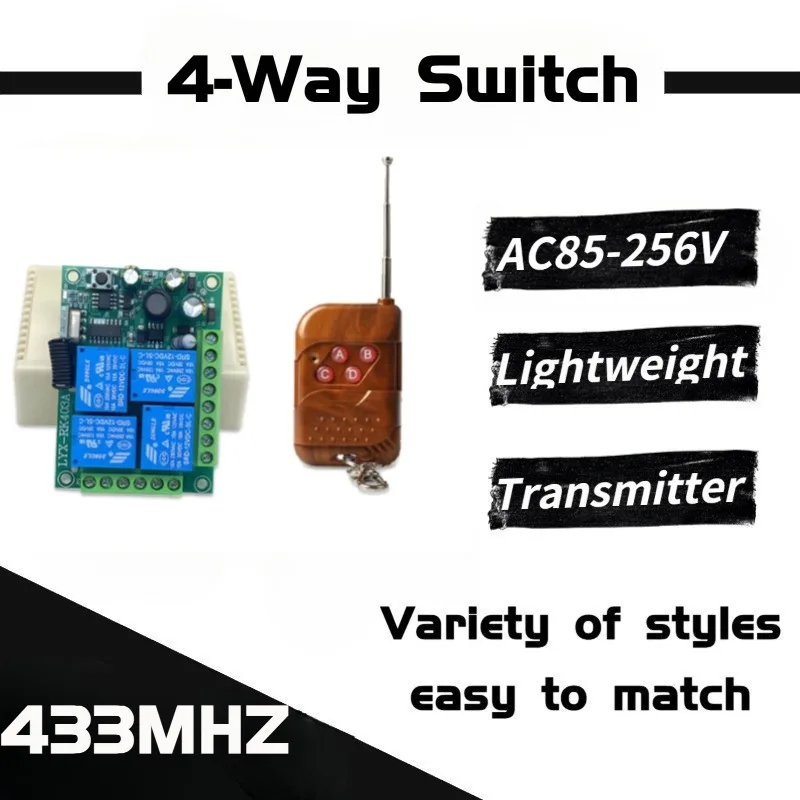 4-Channel Garage Motor Light Relay AC85-256V 220V 433MHz RF Remote Control Switch Instant/Toggle/Latching Mode Transmitter