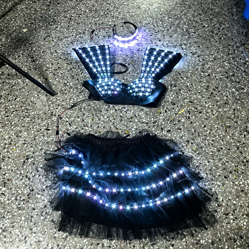 Damen-Show, LED-Leuchtkostüm, Oberrock, 2-teiliges Set, Brille, Fantasie, Bühnenauftritt, Nachtclub, Sänger, Party, Rave-Outfit, Neu