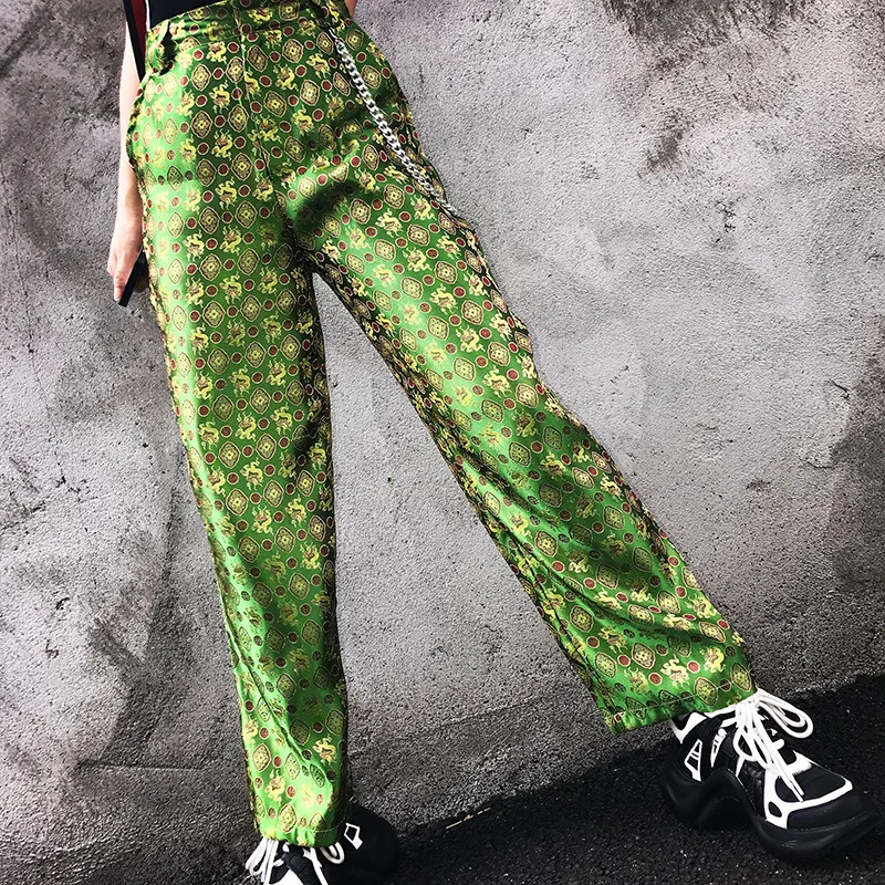 

Y2K Retro Pants Chinese Dragon Embroidery High Waisted Green Straight Leg Loose Street Hip Hop for Women