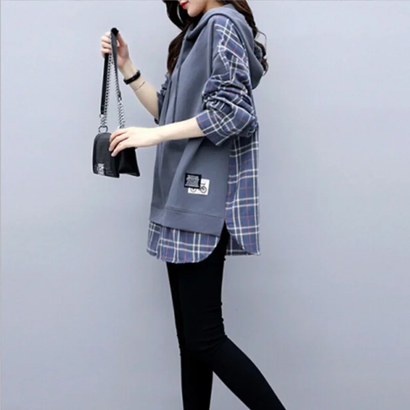 Women Fashion British Style Fake Two Piece Plaid Loose Spring Pullover Casual Patchwork Drawstring Hoodies Sweatshirts Female