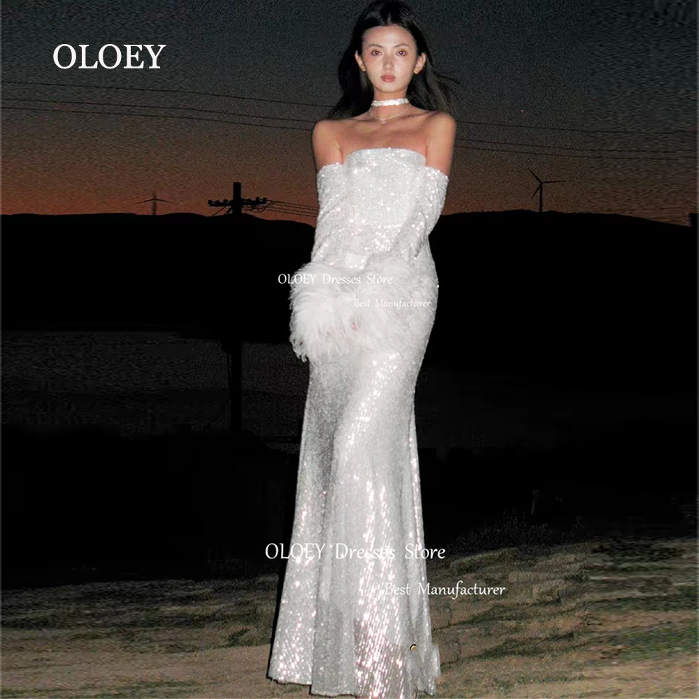 

OLOEY Modern Gliter Evening Dresses Strapless Floor length Super Shiny Wedding Party Dresses Feathers Sleeves Prom Dresses