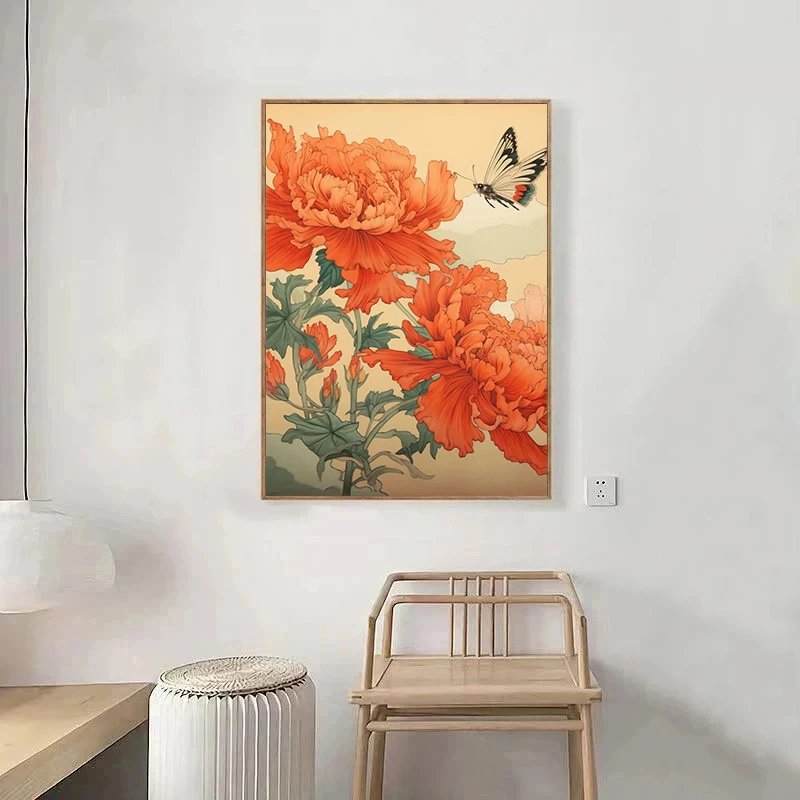 Chinese Style Peony Flowers Blossom Butterfly Bird Poster and Prints Canvas Printing Wall Art Picture for Living Room Home Decor
