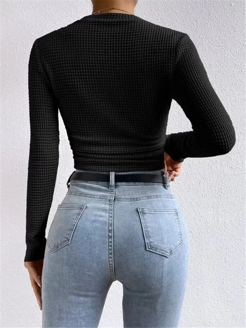 2024 Autumn Women\'S Solid Knit Pleated Side Long Sleeve T-Shirt Long Sleeves Solid Slim Tees All Match Basic Tops Undershirt