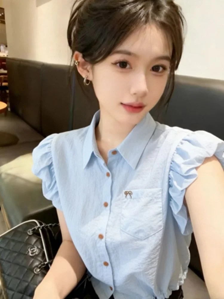 

White Embroidered Shirt Women's Summer Design Sense Knot Waist-Cinching Flying Sleeve Shirt French Style Loose...