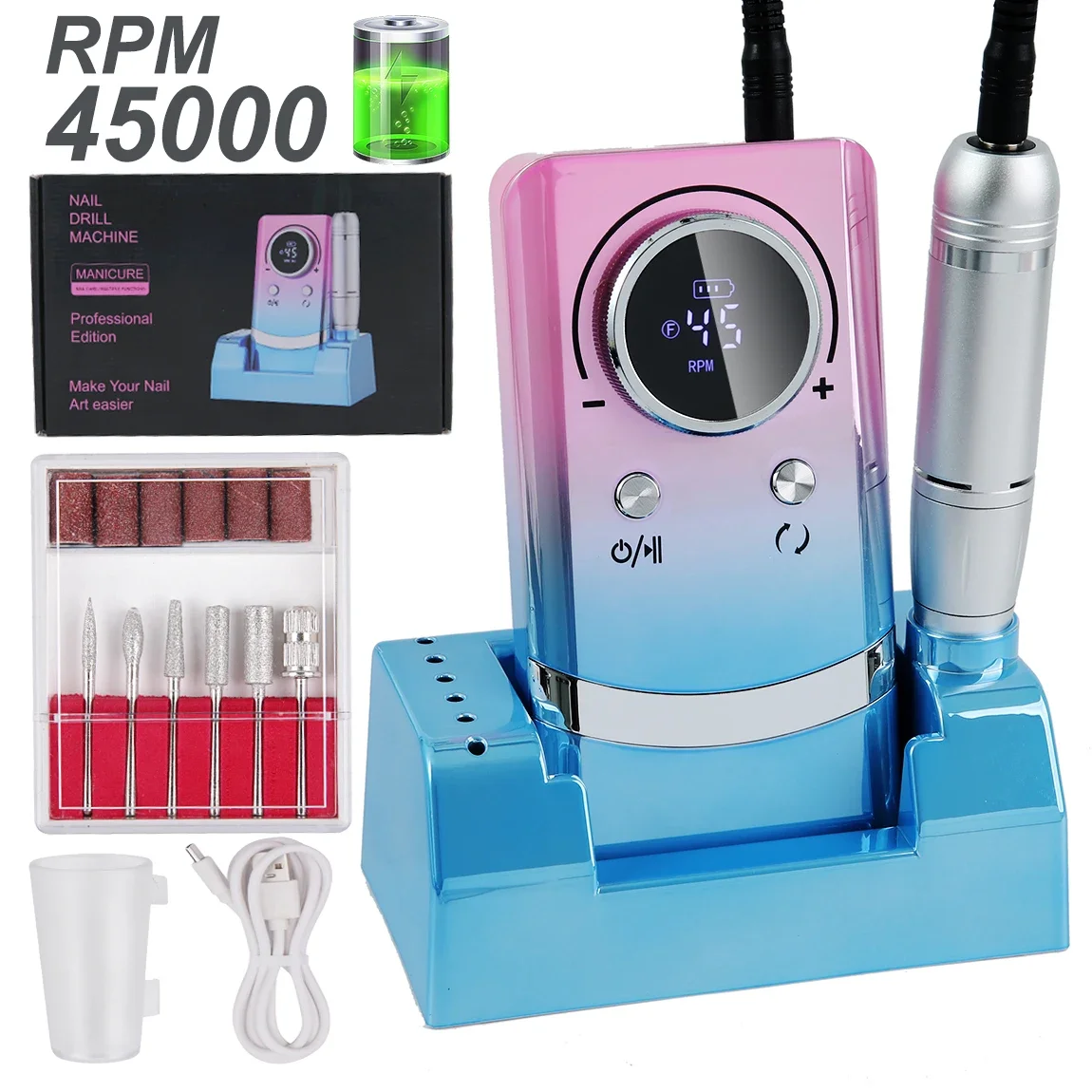45000RPM Professional Rechargeable Nail Drill Machine - Low NoiseSuitable for All Gel Nails (Equipped with Nail Sander File)