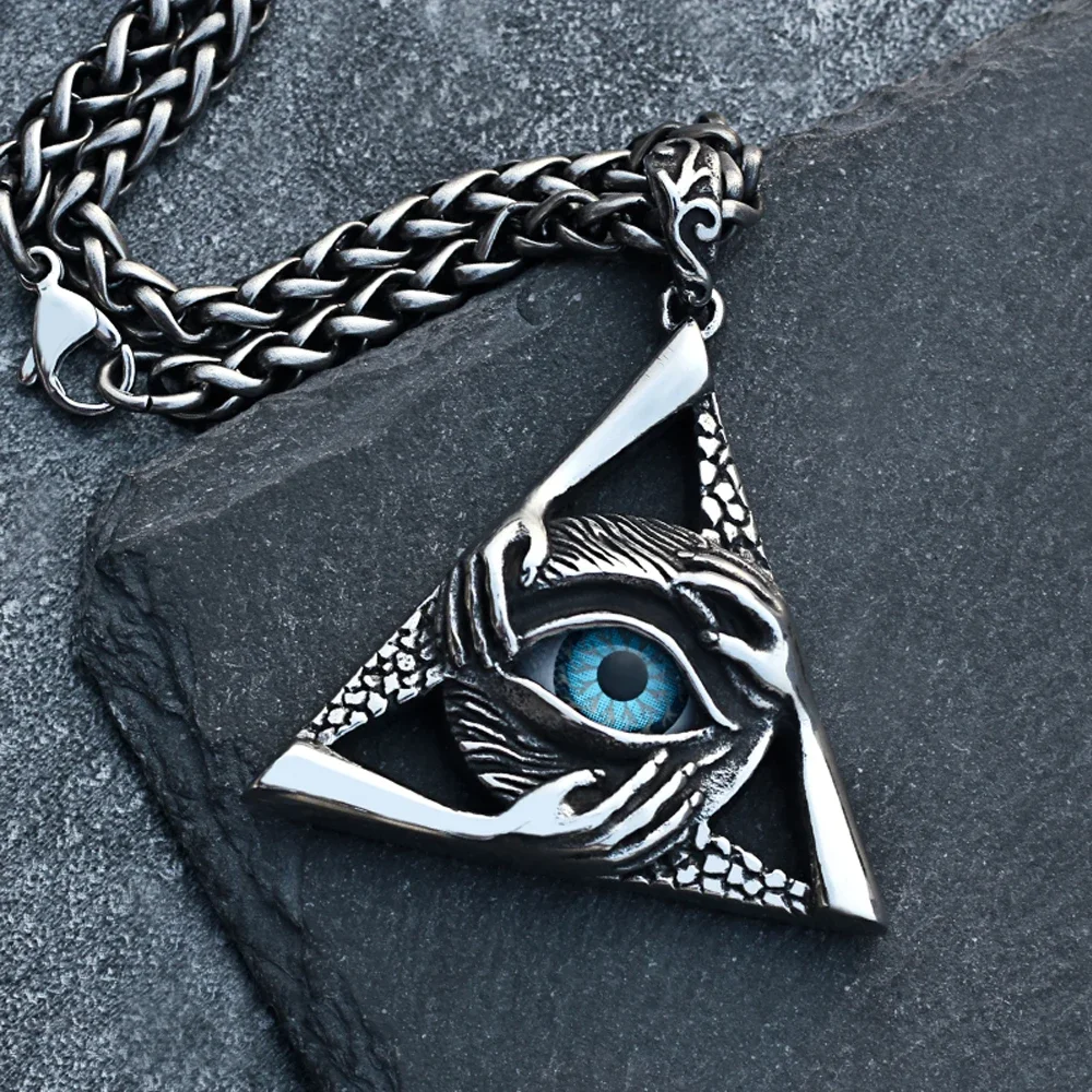 

Gothic Stainless Steel Devil's Eye Pendant Necklace Mens Chain Punk Hip Hop Trend Three-Handed Embrace Necklace Retro Jewelry