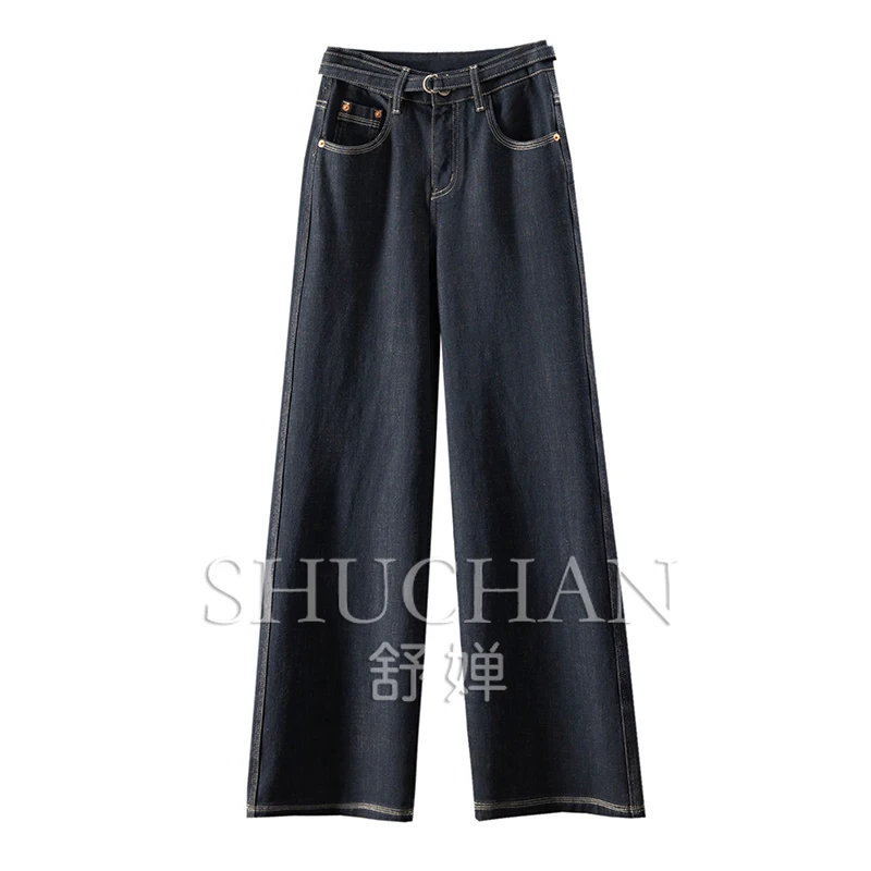 Early Spring Medium Blue High Waist Straight Denim Trousers Women Pantalon Pour Femme  Pants Women