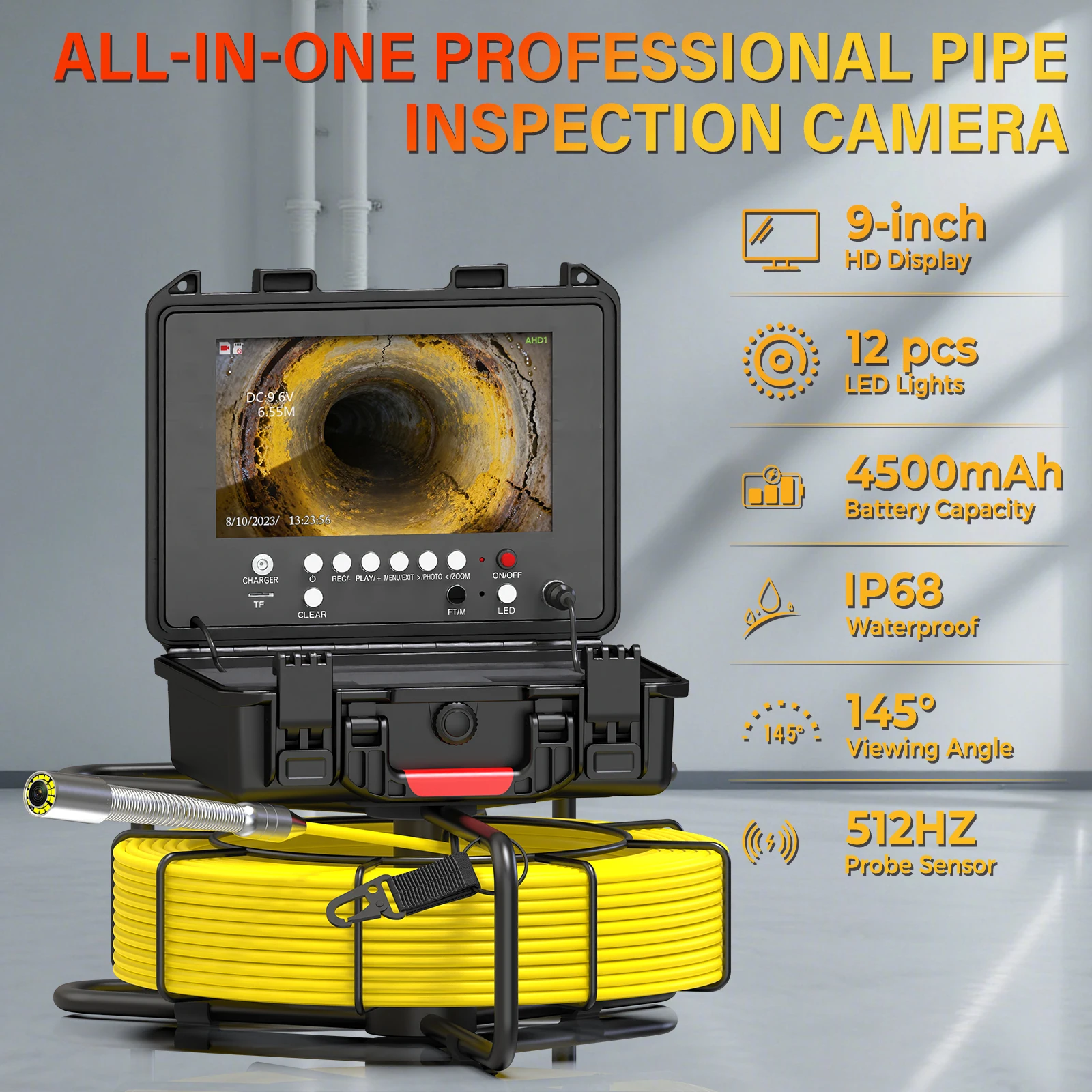 

23mm Sewer Pipe Inspection Camera 9"HD1080P Screen,GAMWATER Industrial Endoscope 512Hz Sonde+Self-leveling+7mm 30/50M Cable+32GB