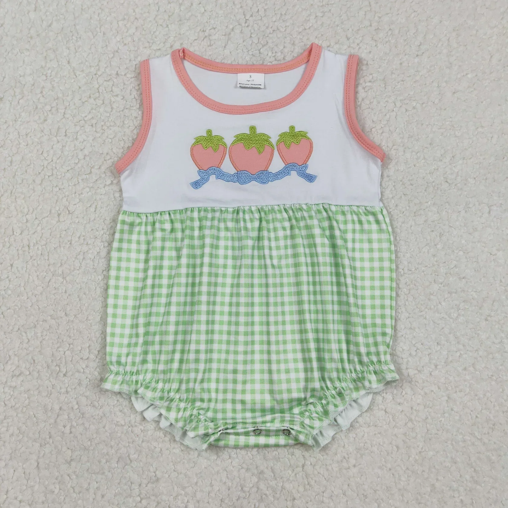 Wholesale Baby Girl Children Green Plaid Romper Newborn Sleeveless Embroidery Bubble Romper Toddler Kids Strawberry Bows Clothes