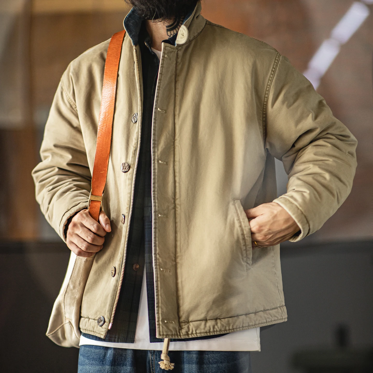 Maden Men's Vintage N-1 Deck Jacket Heavyweight Cotton Filled Short Coat Stand Collar Warm Windbreaker for Autumn Winter