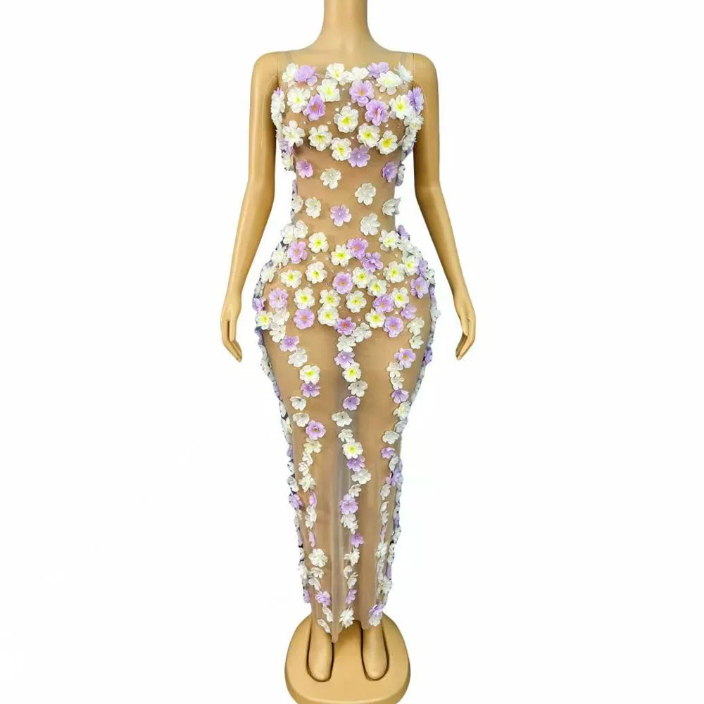 

Sexy Nude Mesh Transparent Flowers Long Dress Women Evening Prom Birthday Dress Performance Costume Photoshoot Stage Wear