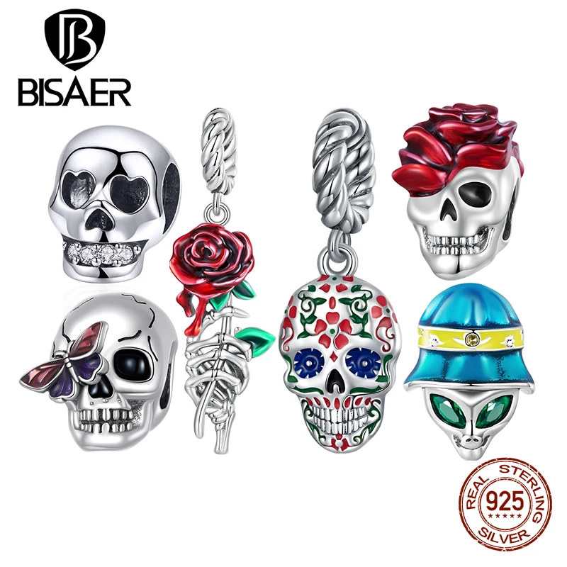 BISAER 925 Sterling Silver Vintage Rose&Skull Charm Grotesque Alien Pendants Heart Bead Fit Halloween Party DIY Bracelet Jewelry