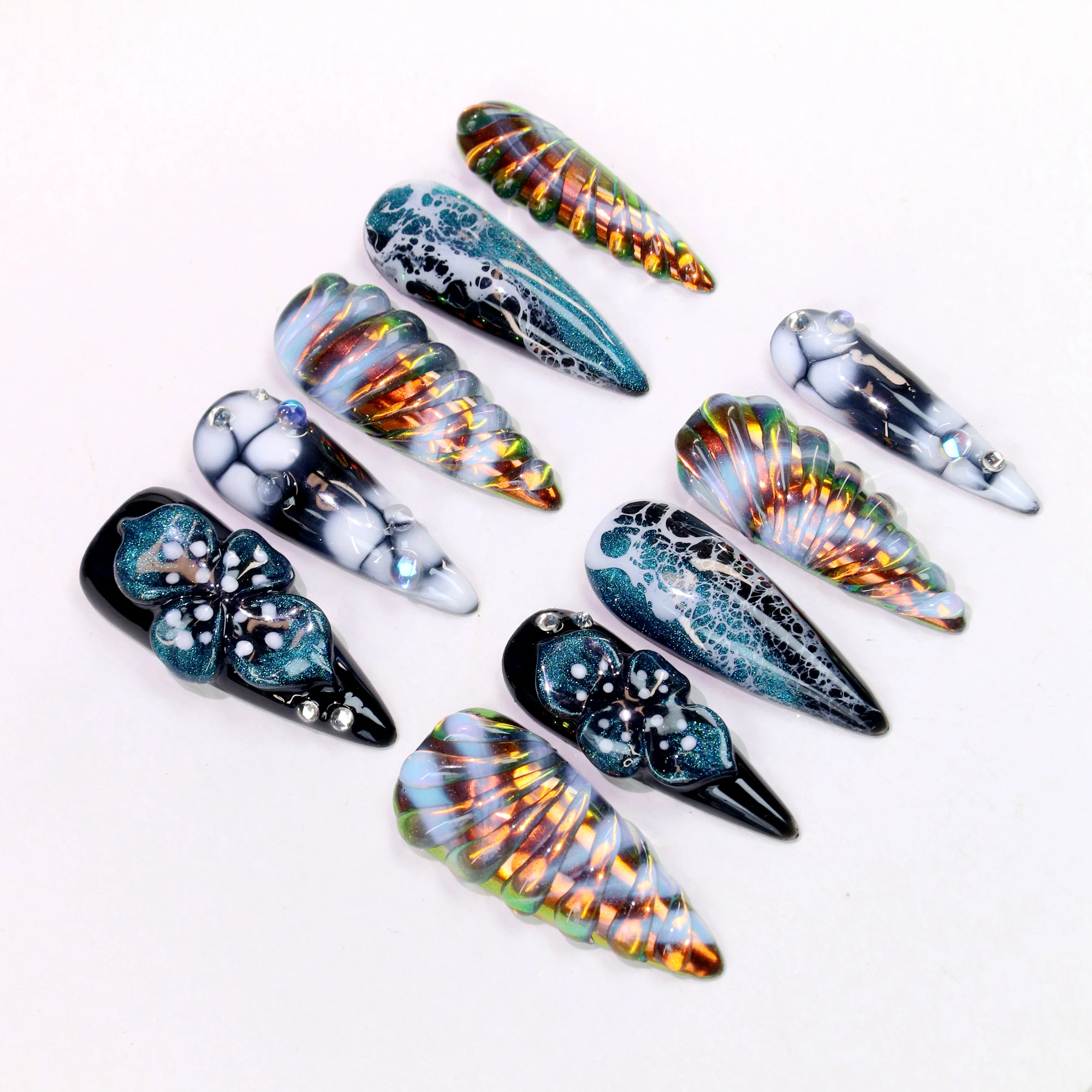 10Pcs Hand-Painted Beautiful Press On Nail, Y2K 3D Acrylic Metallic Crystal Custom Design Free Style Long Stilett Holiday Nails