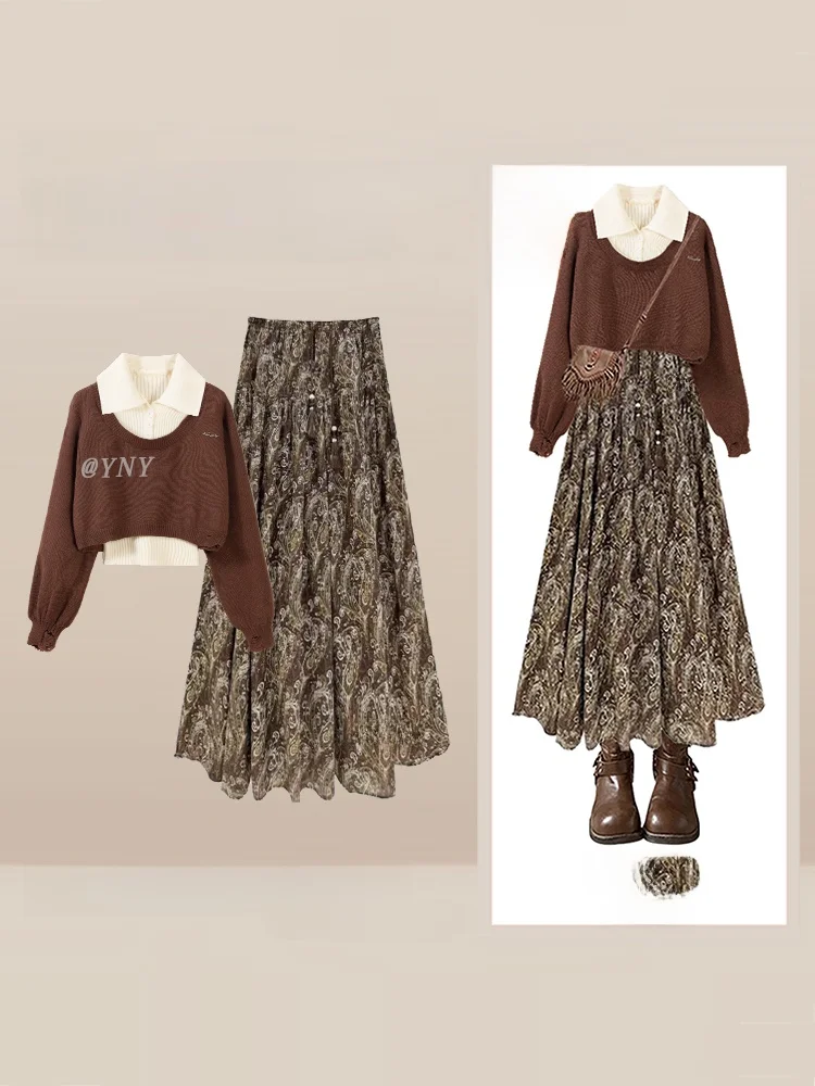 

Autumn Winter Coffee Color Knitted Long Sve Base irt Floral f Skirt Tee Piece Set Women's Faion Ensemble Korean S...