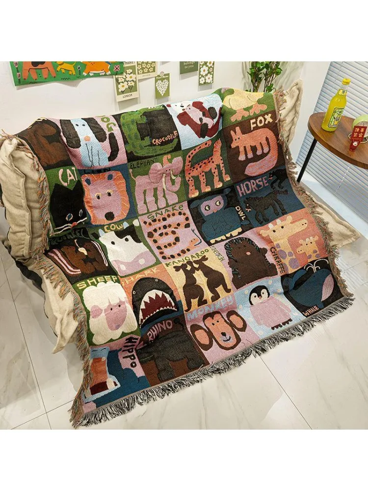 

Cartoon Animal Alphabet Woven Throw Blanket with Tassels Cute Zoo Animal Tapestry Blanket for Kids Sofa Throw Hot Travel Blanket
