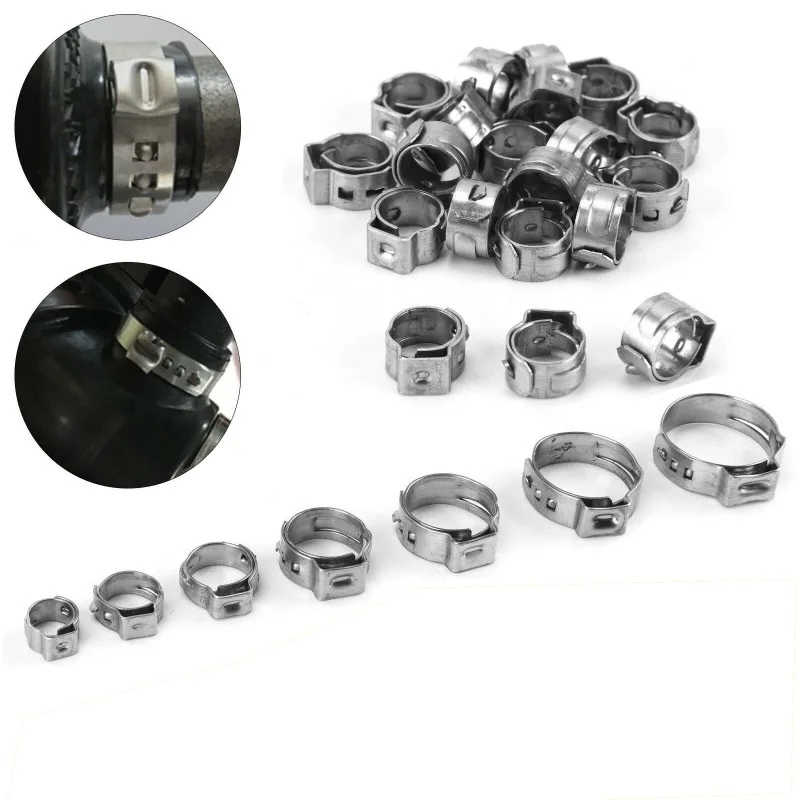 10Pcs 304 Stainless Steel Single Ear Hose Clamps Clips 5.3-31mm Rings for Tubes Pipe Metal Clamp Assortment Kit Single Ear Clips