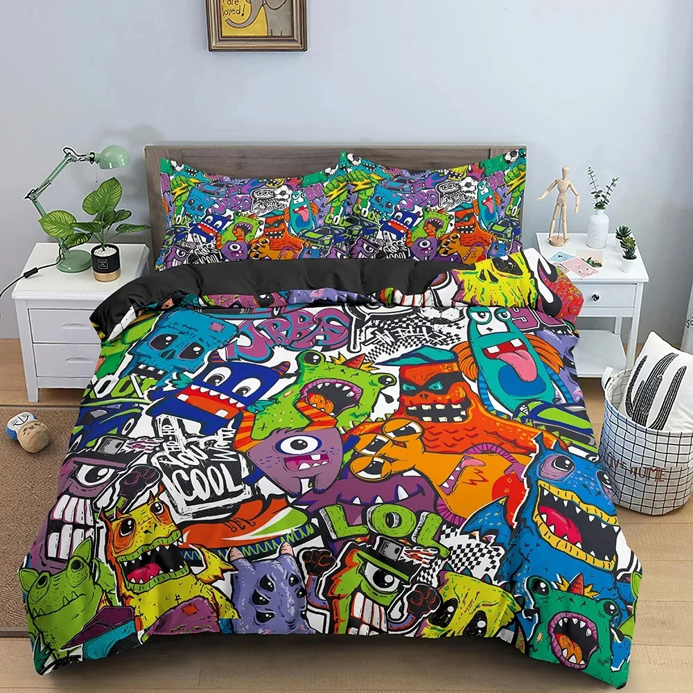 Hippie Graffiti Bedding Set Comic Pattern Quilt Cover Teens Adults Hip Hop Duvet Cover Set King Queen Size Youth Comforter Cover