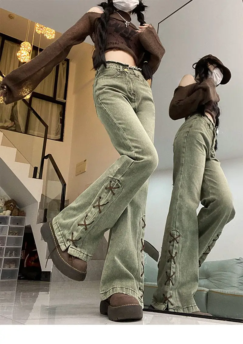 

Harajuku Y2K Loose High Waist Jeans 2024 Autumn Sheath Leopard Patchwork Pants Women's Vintage Skinny Street Style Denim Trouser