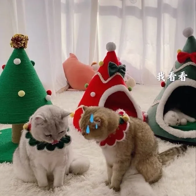 Y Y Cat Christmas Snow House Cat Nest Windproof Winter Warm Jingling Bell Nest Dog Nest Gift Box