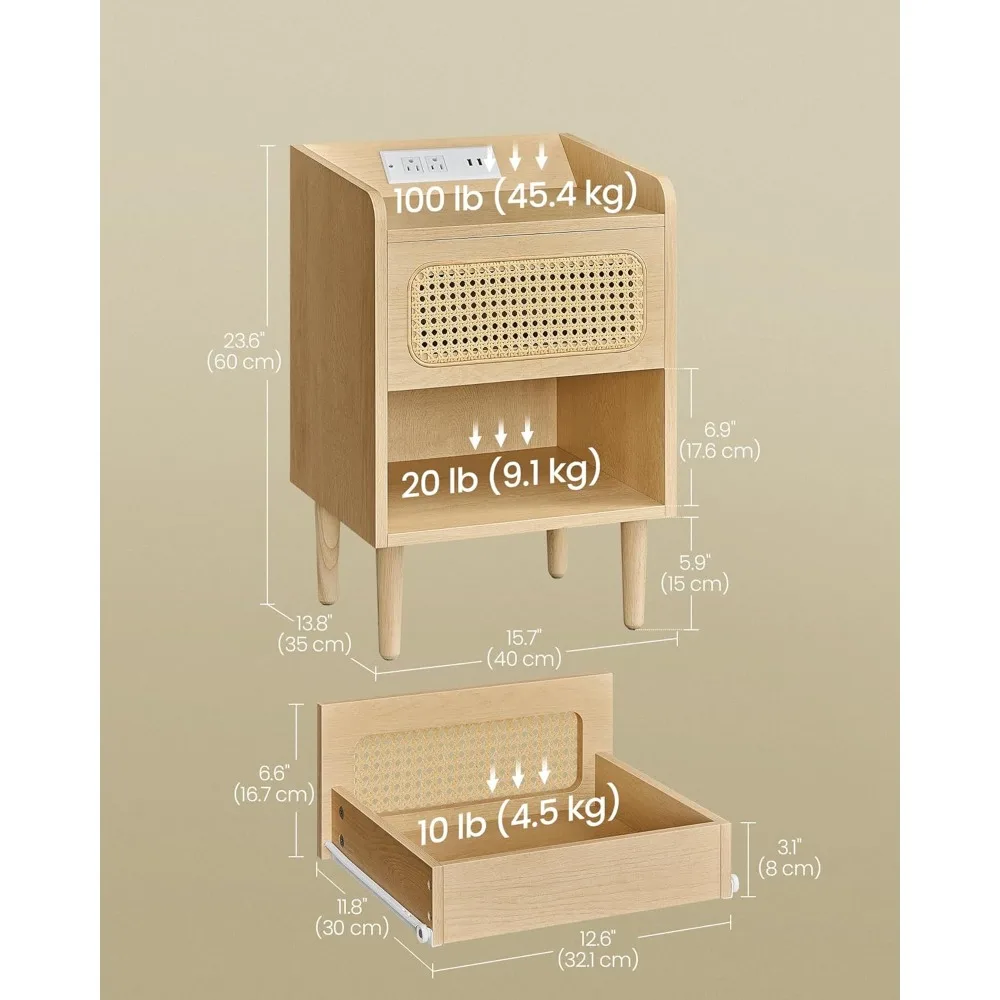 Nightstands with Charging Station, Set of 2, Bedside Tables with Motion Sensor Lights, Rattan-Like Side End Tables