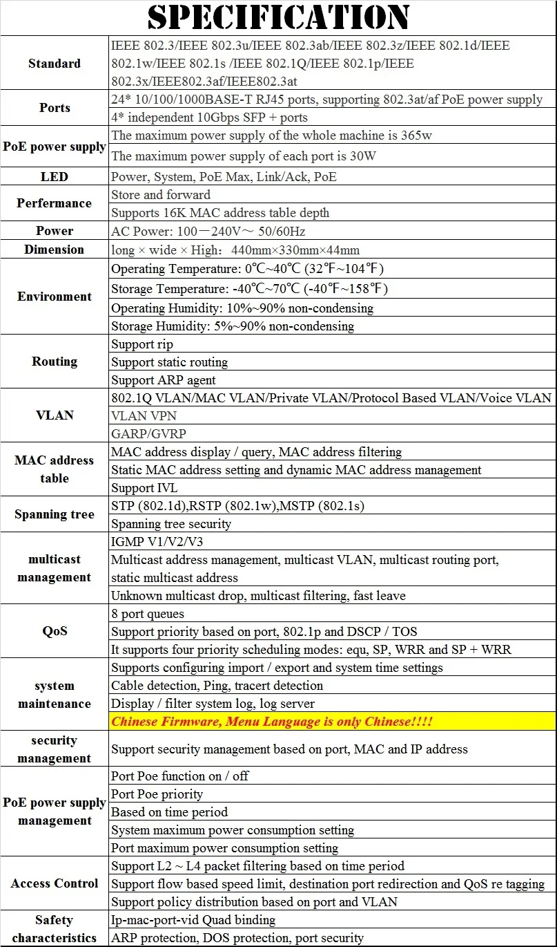 4*10Gbps SFP+ Optical Ports, 24*1000M RJ45 Ethernet Layer3 Management PoE VLAN Switch 10G IPv6 Ethernet Network Switch 802.3ataf