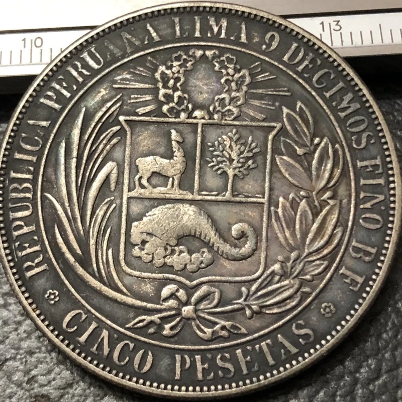 1882 Peru 5 Pesetas Silver plated Coin