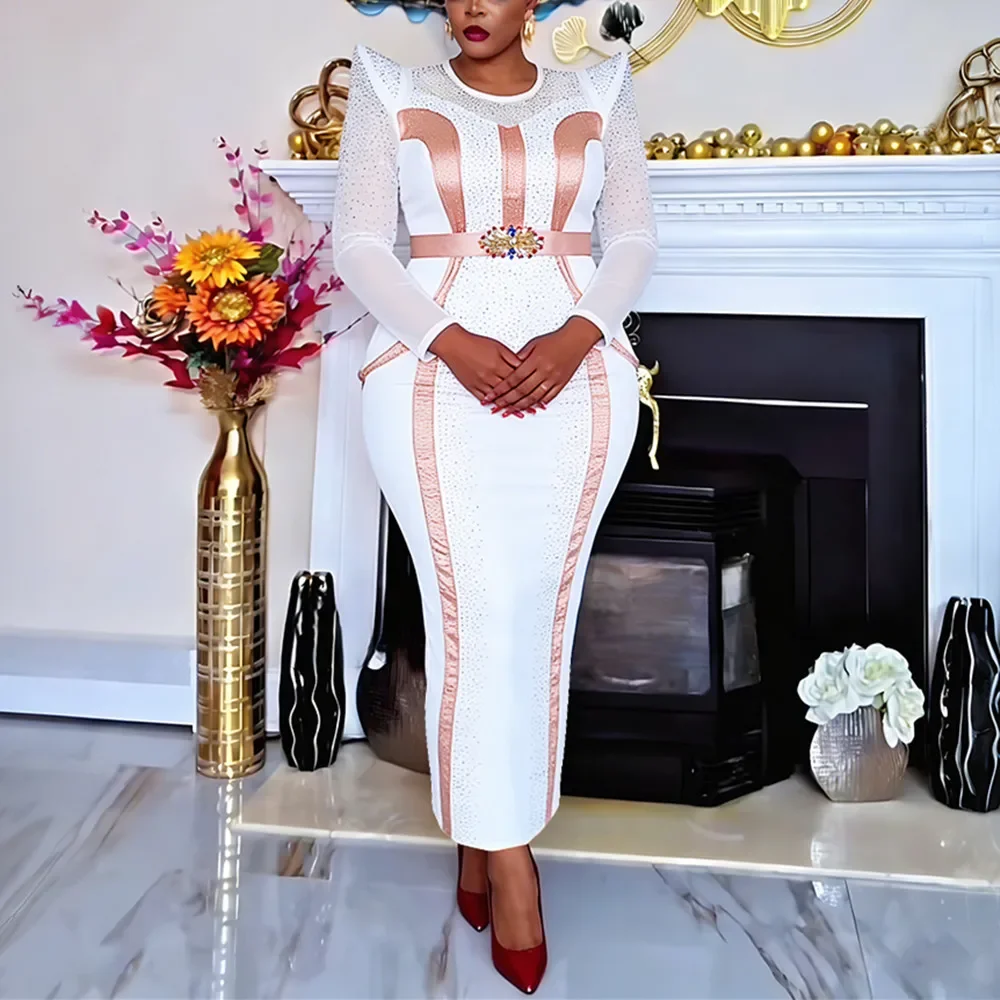 

Plus Size African Party Dresses for Women Dashiki Diamond Pleated Long Dress Elegant Outfits Muslim Wedding Evening Gowns