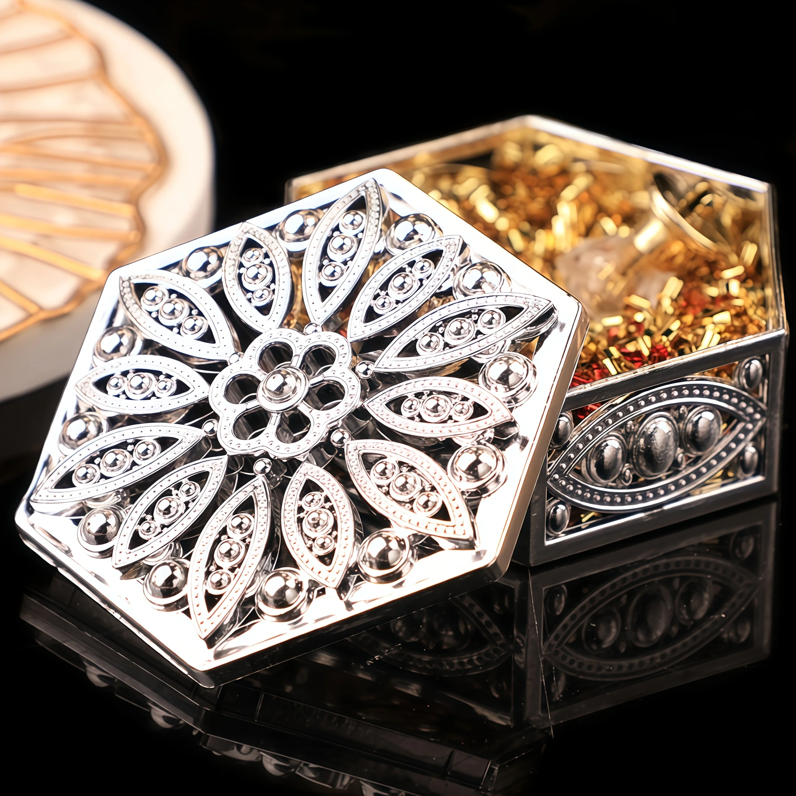 

New Year Candy Storage Box Retro Hollowed-Out Hexagonal Jewelry Box Lady Women Exquisite Necklace Ring And Earring Storage Box