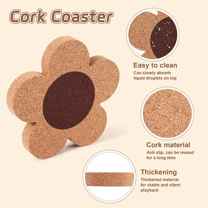 12Pcs Flower Style Cork Coasters Set 4 Inches Thick Cork Drink Coasters Chamber Flower Shape Absorbent Coasters