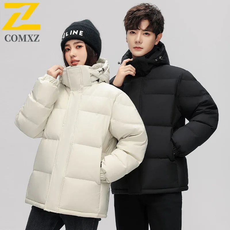 COMXZ 2025 Winter Couple Short School Style Down Jacket Men's Loose Fit Plus Size Trendy White Duck Feather Warm Parka Coat