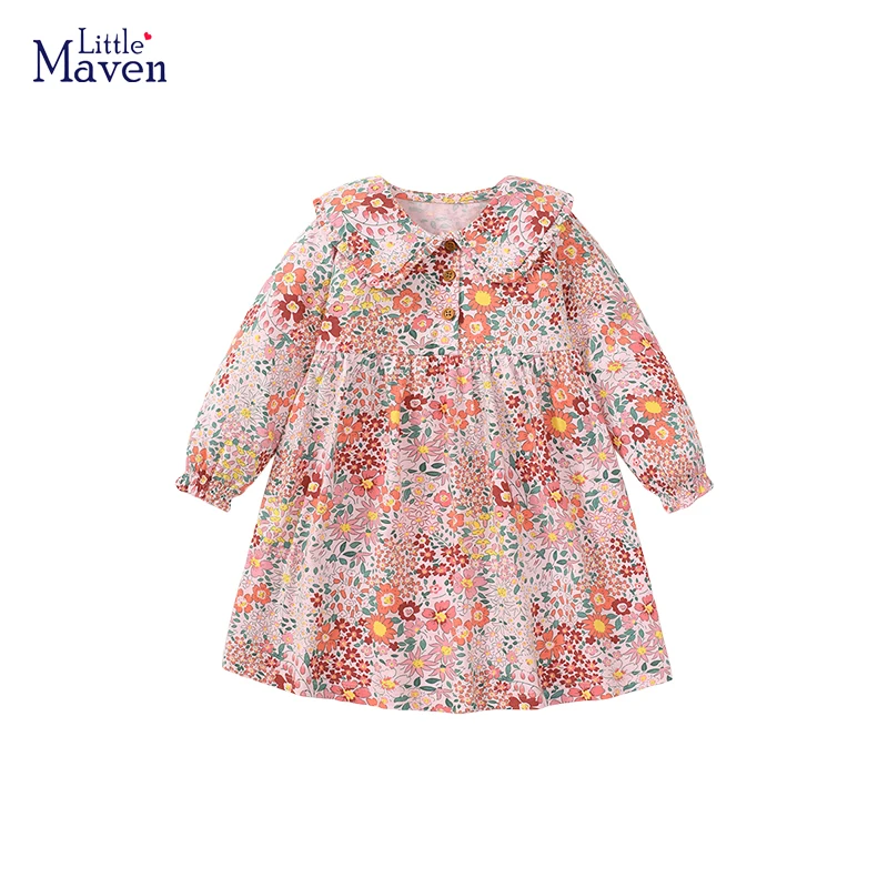 Little maven 2024 Casual Dress Children\'s Clothing Cotton Baby Girls Cartoon Flowers Spring and Autumn Clothes Kids 2-7 year