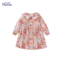 Little maven 2024 Casual Dress Children's Clothing Cotton Baby Girls Cartoon Flowers Spring and Autumn Clothes Kids 2-7 year