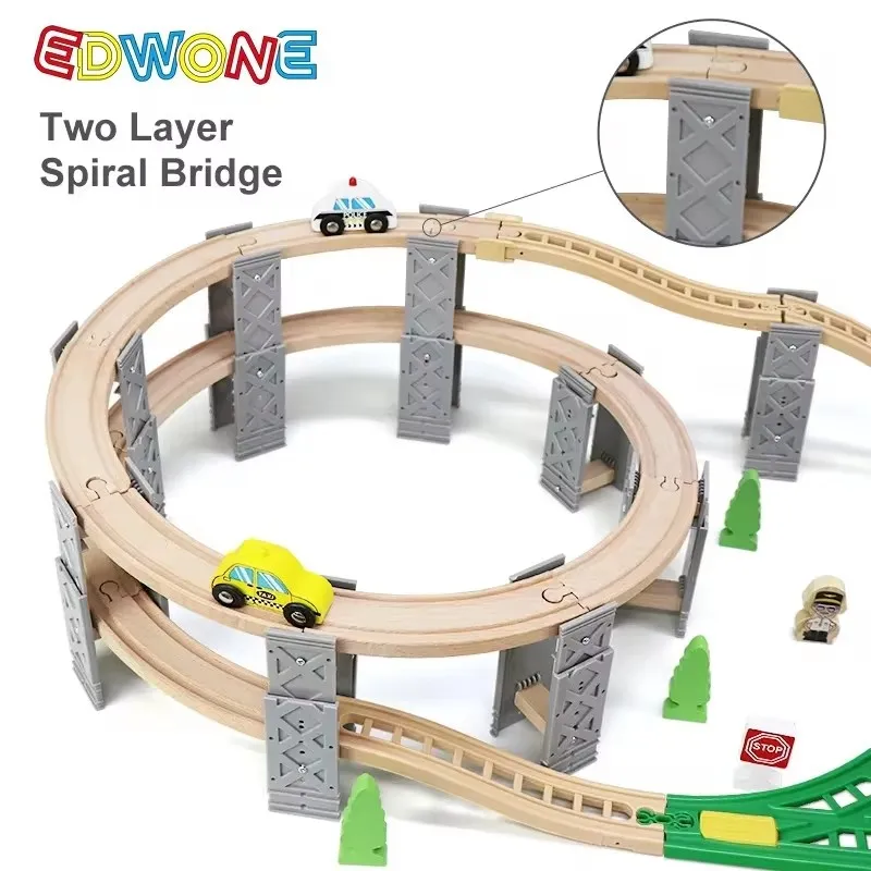 26pcs Wooden Train Tracks Accessories Wood Spiral Tracks with Plastic Bridge Piers Wood Track Toys for Children Gifts