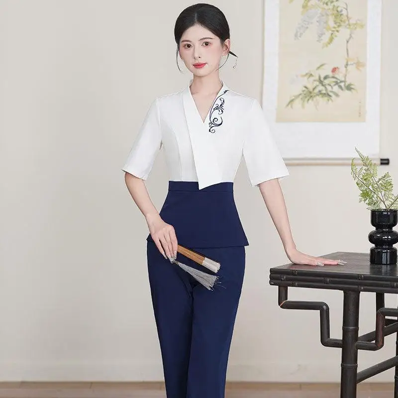 Beauty Salon Uniform Set Print Logo Professional Foot Bath Spa Sauna Massage Suit Maid Makeup Artist Nail Art Hotel Work Uniform