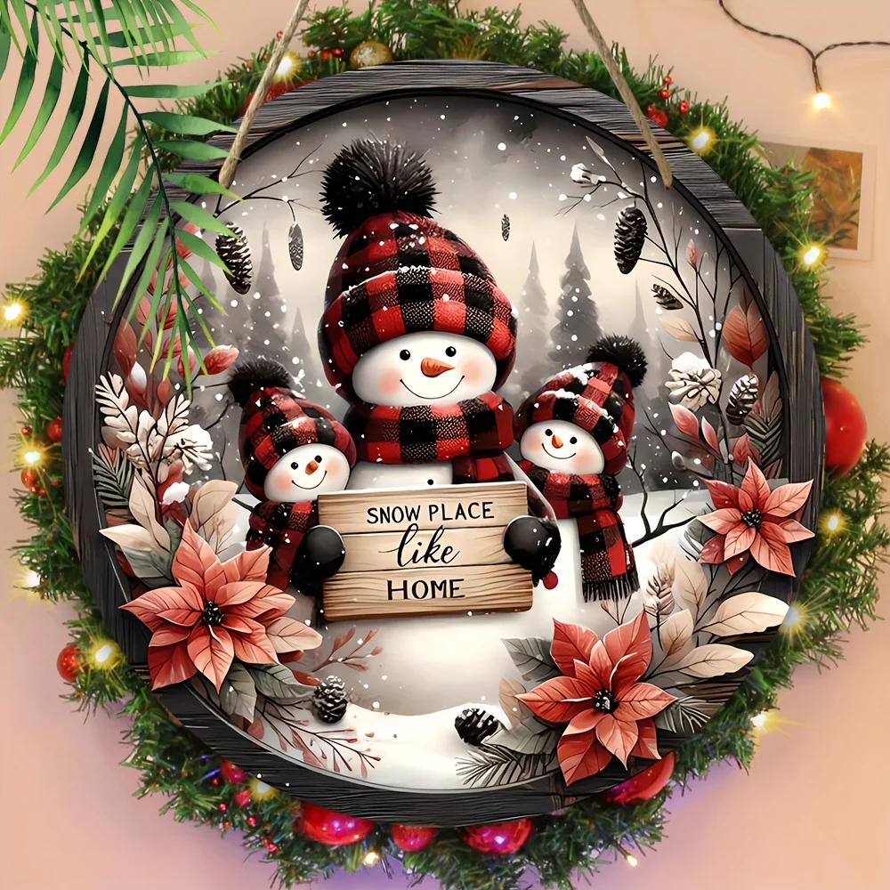 Charming snowman welcome sign -8 inches x 8 inches round wooden Christmas decoration, suitable for home, living room, door