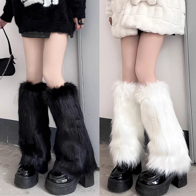 

2025 Faux Fur Leg Warmer for Women Boots Cover Stocking 1/2pcs Black White Hosiery Harajuku Leg Warmers Winter Plush Cute Socks