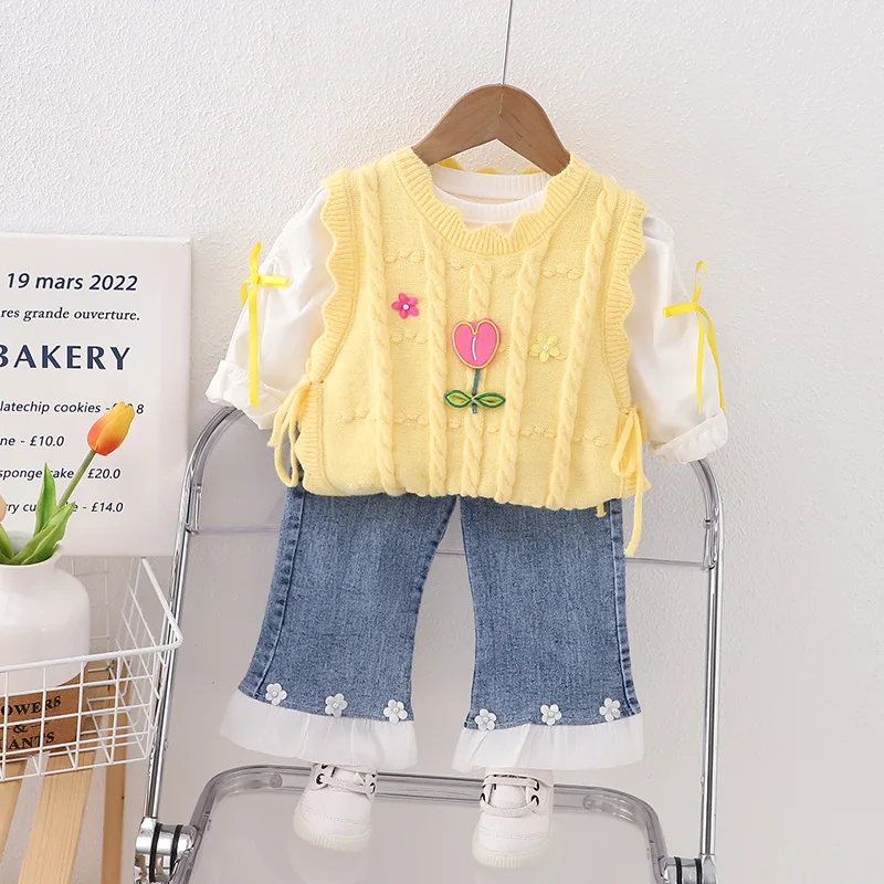 Girls Three-piece Set Autumn 2023 New Autumn Childrens Fashion Vest White Shirt Three-piece Korean Style Childrens Autumn Wear