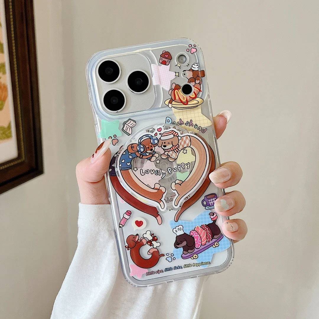 

Korean Cute Dachshund sticker Pattern Cartoon Animal Magnetic Bracket Phone Case for iPhone 17 16 Pro Max 15 Pro 14 Pro Cover