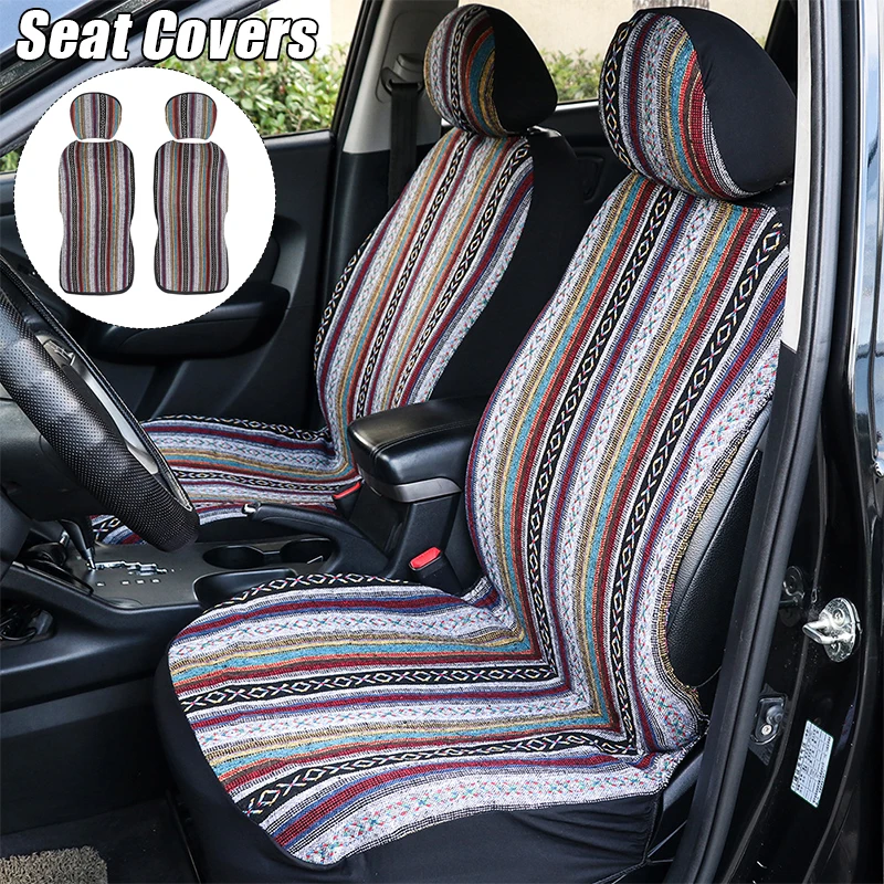 

2pcs Front Universal Car Seat Cover Set w/Headrest Dust Cover Durable Boho Ethnic Fabric Seat Protector Auto Interior Accessorie