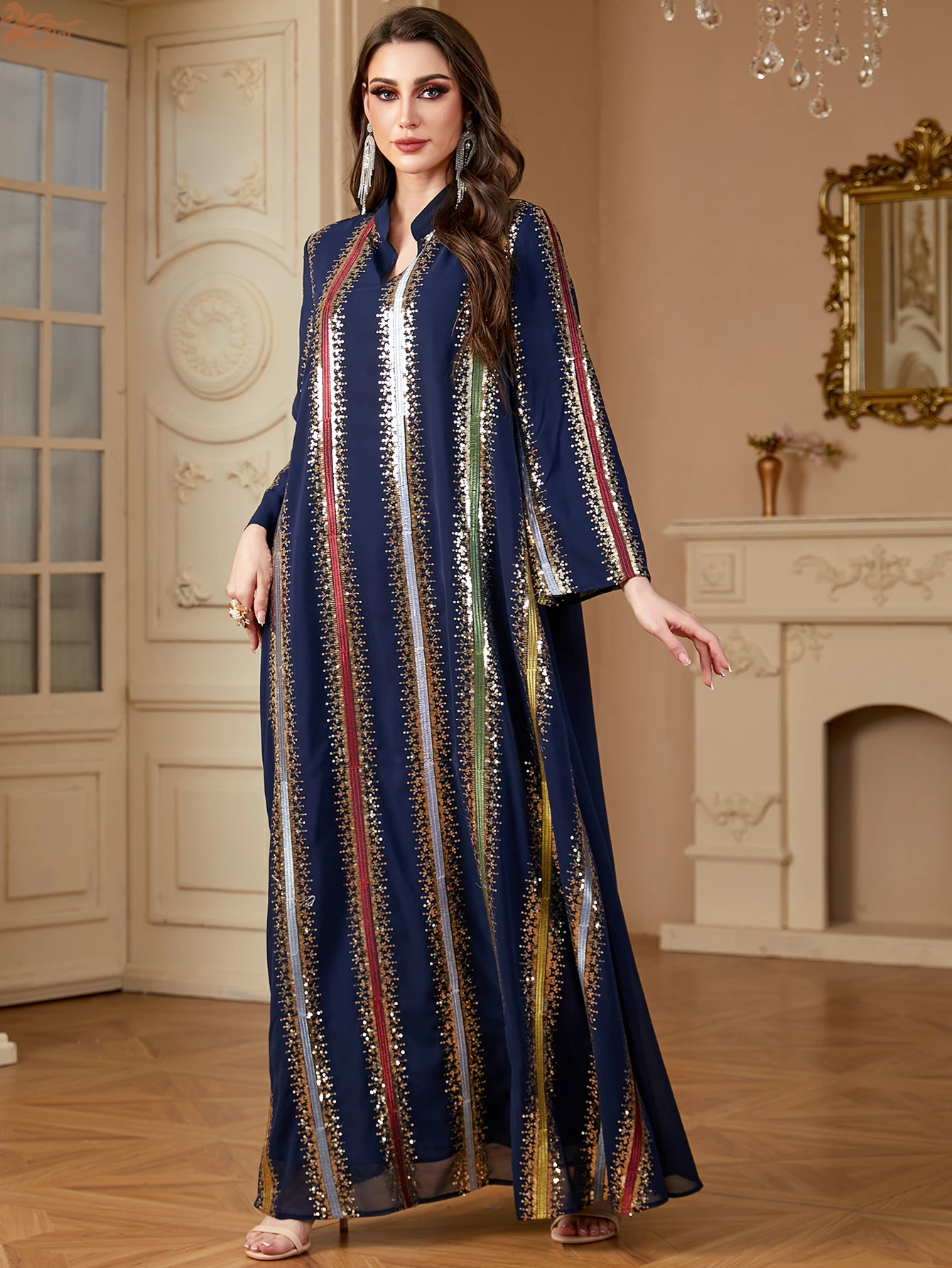 Uni Ramadan Dubai Embroidery Sequins abaya Stripe Loose Kaftan Muslim Elegant Women Evening Dress