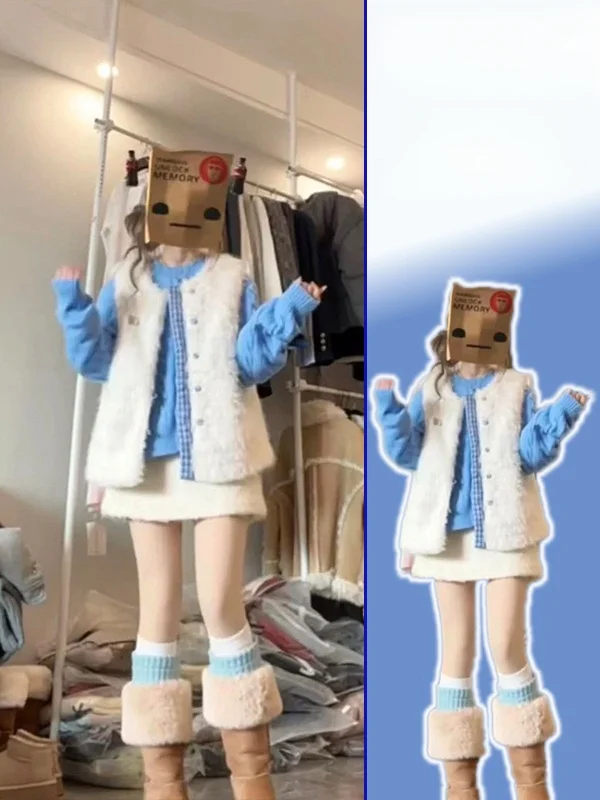 

plus Size Women's eepskin Vest Knitted Inner Wear Two-Piece Set Luxury Sle Long Sve Button-Up Casual Outfit for Autumn...