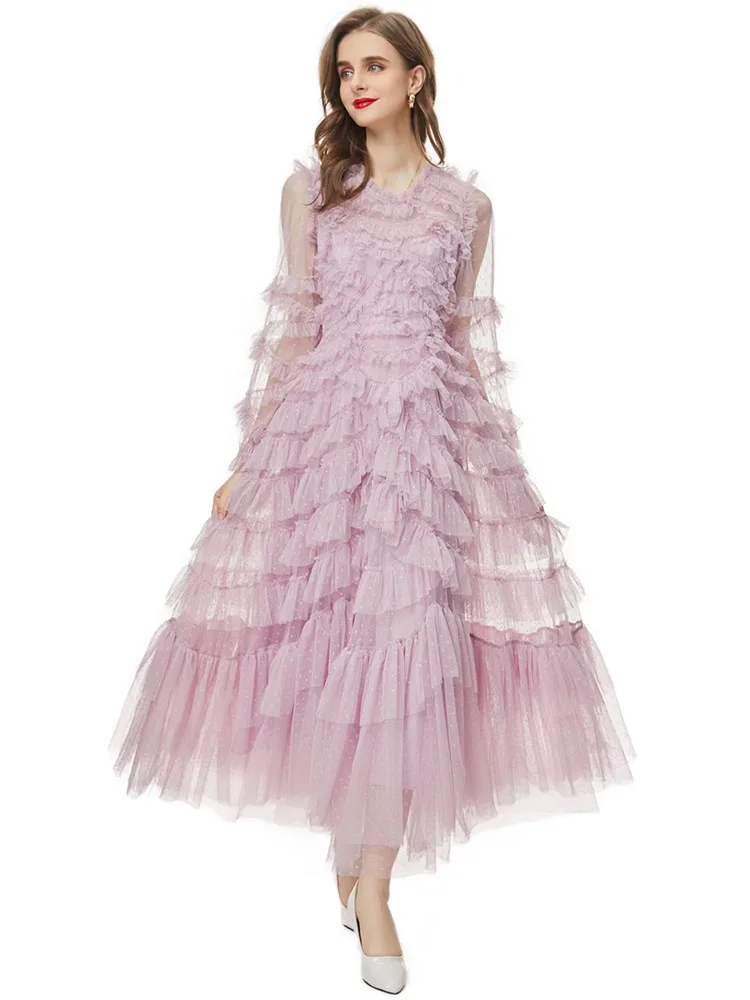 Dsxdfacairij vestido feminino vintage de malha com bolinhas, gola redonda, babados em camadas, manga lanterna, cor sólida, moda verão, roupas femininas