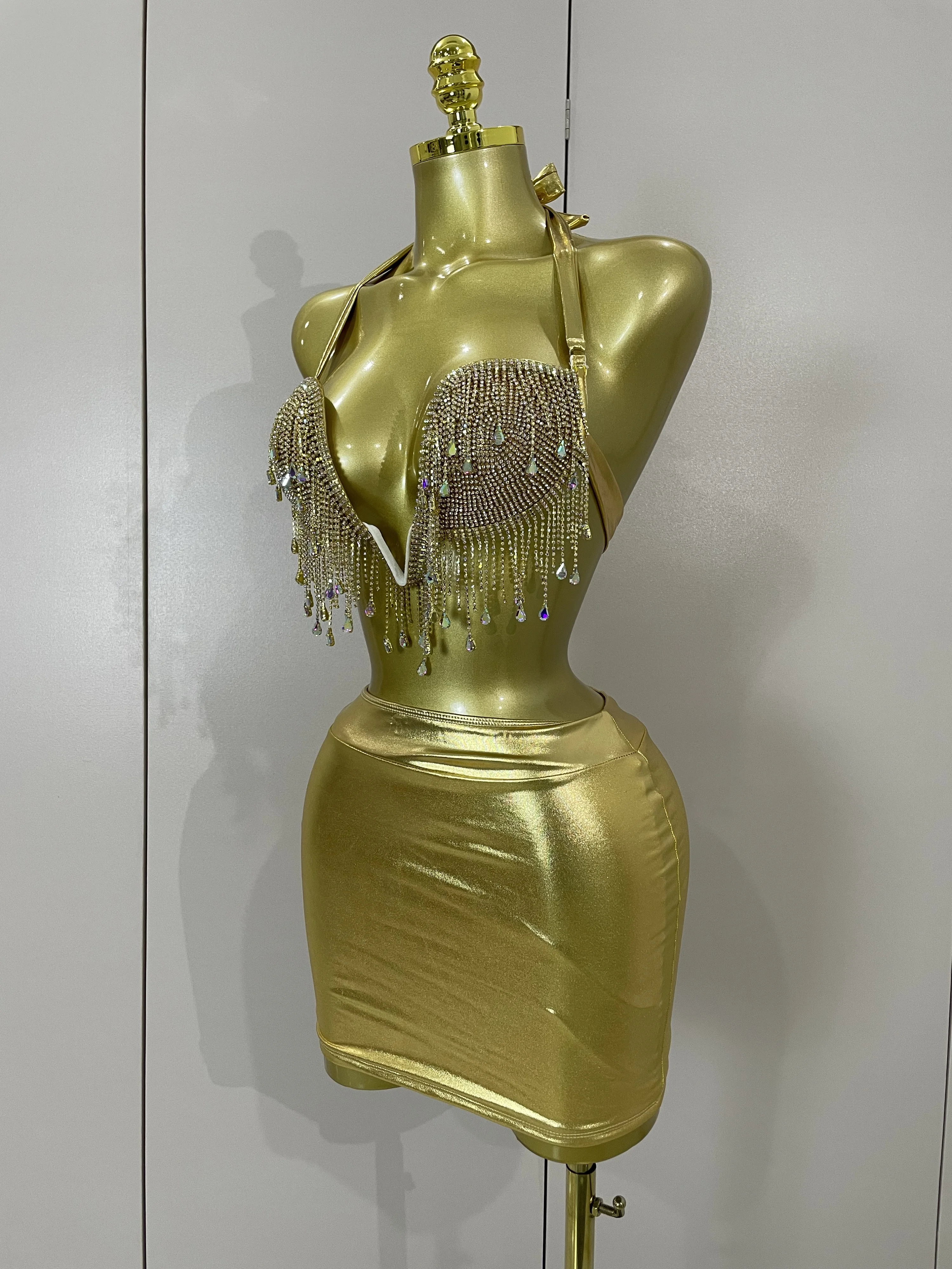 Luxury Shiny Diamond Chain Top Mini Dress Two Pieces Women Eveing Celebrate Party NightClub Festival Outfit Sexy Stage Costume
